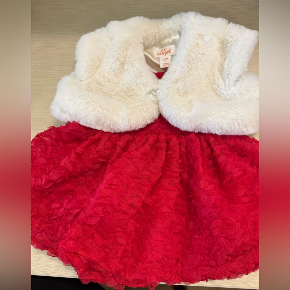 Cat & Jack Festive Holiday Dress with White Faux Fur Vest